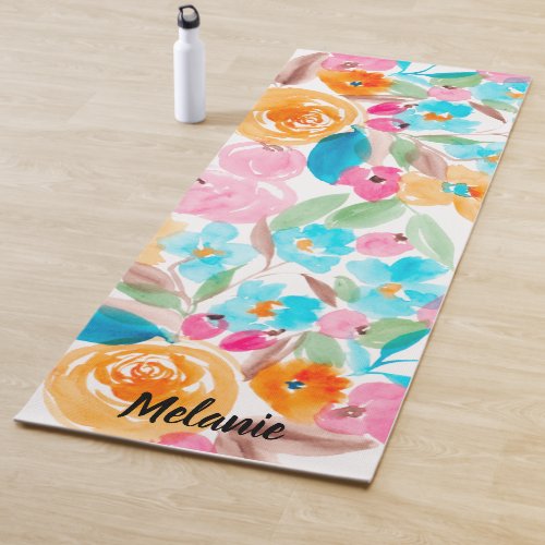 Modern bright bold floral watercolor name monogram yoga mat