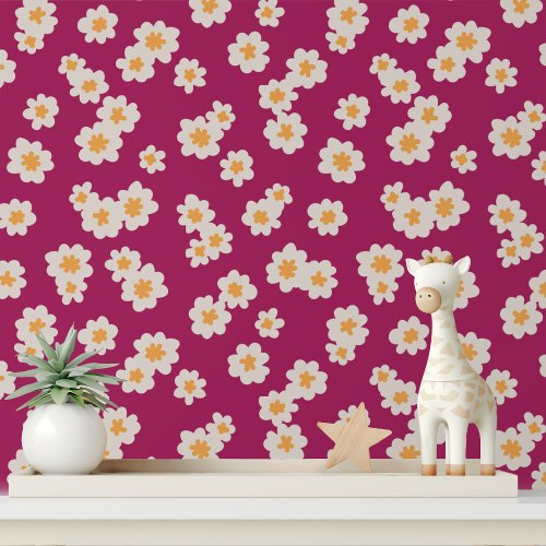 Modern Bright Bold White Flowers Purple Pattern Wallpaper