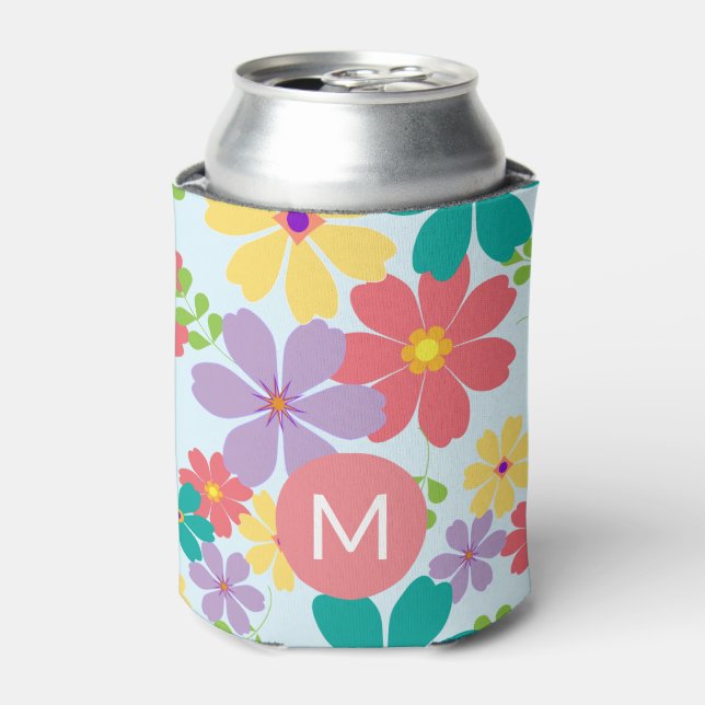 Modern Bright Cheerful Flower Pattern Monogrammed Can Cooler (Can Front)