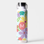 Modern Bright Cheerful Flower Pattern Monogrammed Water Bottle<br><div class="desc">Bright and colorful floral pattern monogram summery water bottle.</div>