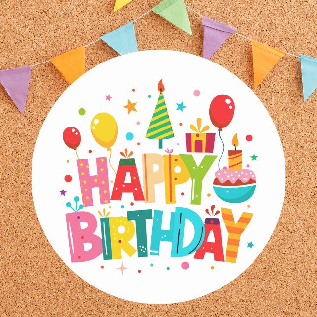 Modern Bright Colorful Classic Happy Birthday  Round Sticker (Creator Uploaded)