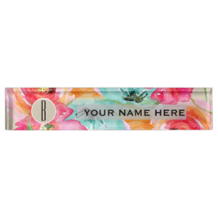 Modern Bright Colorful Floral Watercolor Kraft Desk Name Plate