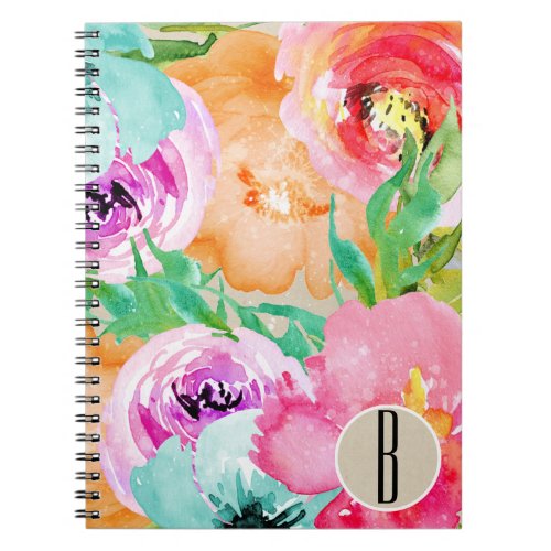 Modern Bright Colorful Floral Watercolor Kraft Notebook