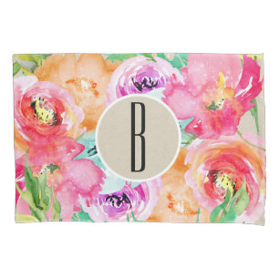 Modern Bright Colorful Floral Watercolor Kraft Pillow Case