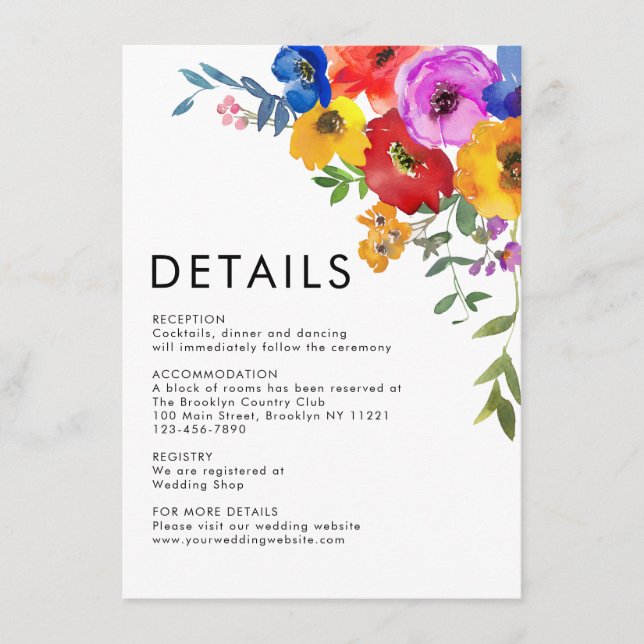 Modern Bright Colorful Flowers Wedding Details Enclosure Card (Front)