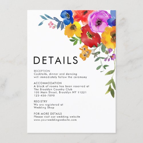 Modern Bright Colorful Flowers Wedding Details Enclosure Card