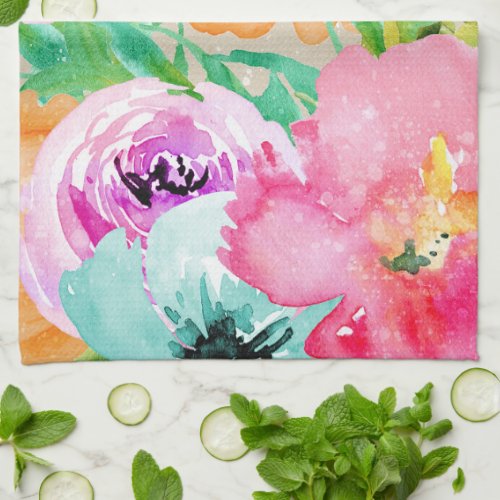 Modern Bright Colorful Spring Floral Watercolor Kitchen Towel