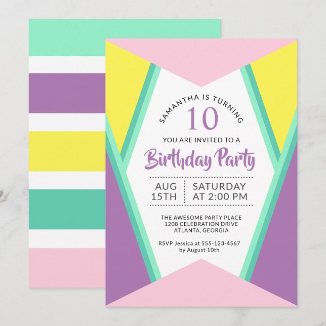 Modern Bright Colors Girl's Birthday Party Invitation (Front/Back)