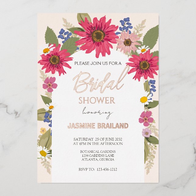 Modern Bright Floral Arch Bridal Shower Gold     Foil Invitation (Front)