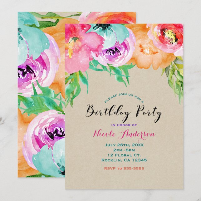 Modern Bright Floral Brown Kraft Birthday Party Invitation (Front/Back)