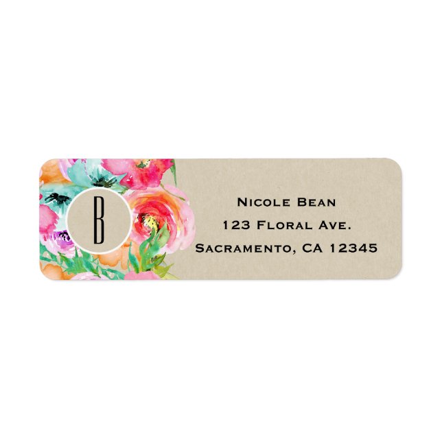 Modern Bright Floral Brown Kraft Bridal Shower Label (Front)