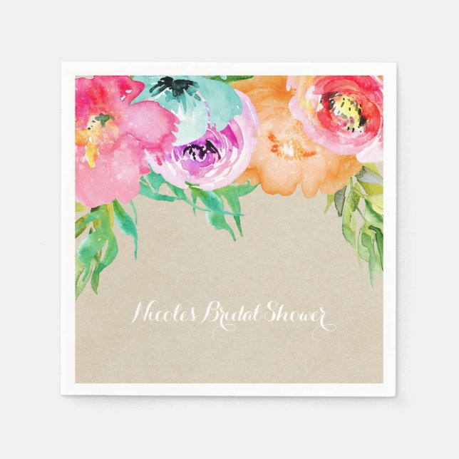 Modern Bright Floral Brown Kraft Bridal Shower Napkins (Front)