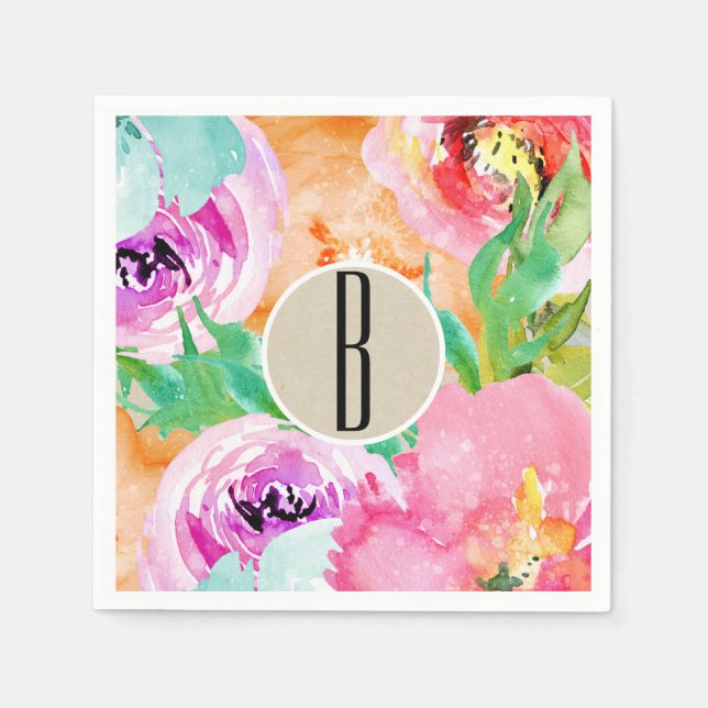 Modern Bright Floral Brown Kraft Bridal Shower Paper Napkins (Front)