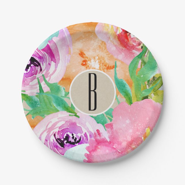 Modern Bright Floral Brown Kraft Bridal Shower Paper Plates (Front)