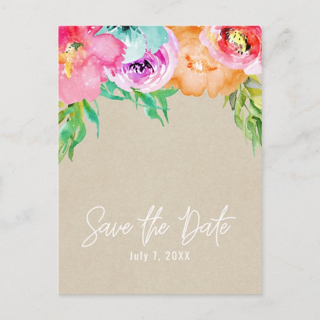 Modern Bright Floral Brown Kraft Save the Date Announcement Postcard (Front)