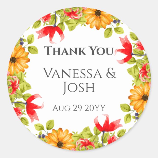 Modern Bright Floral Thank You Wedding Favor Classic Round Sticker (Front)
