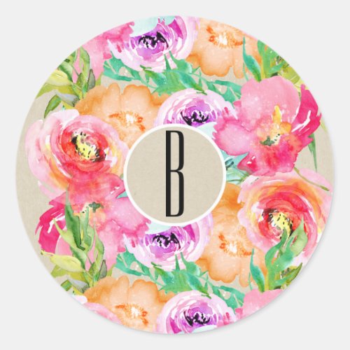 Modern Bright Floral Watercolor Kraft Chic Favor Classic Round Sticker