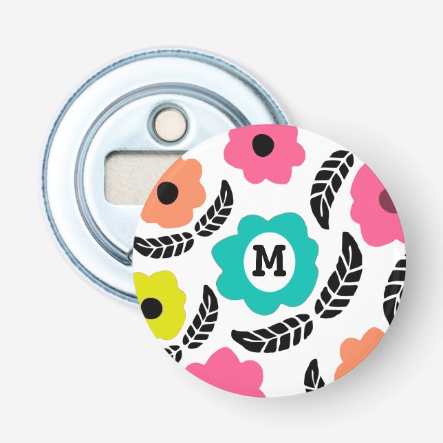 Modern Bright Flowers and Black Leaf Monogram Bottle Opener (Front)