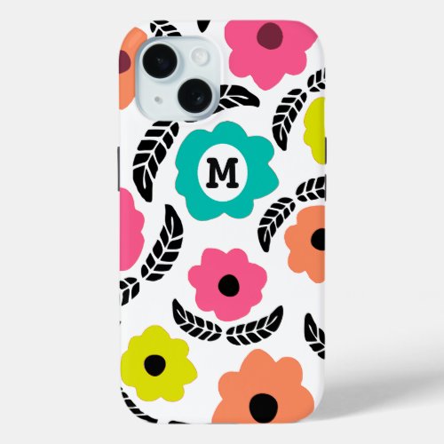 Modern Bright Flowers and Black Leaf Monogram iPhone 15 Case