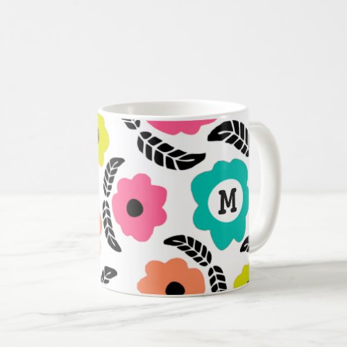 Modern Bright Flowers and Black Leaf Monogram Coffee Mug