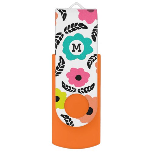 Modern Bright Flowers and Black Leaf Monogram Flash Drive