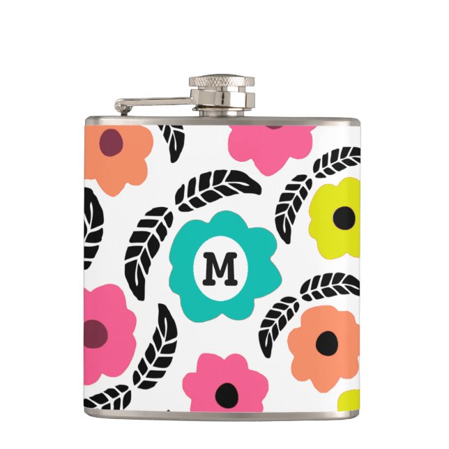 Modern Bright Flowers and Black Leaf Monogram Flask (Front)