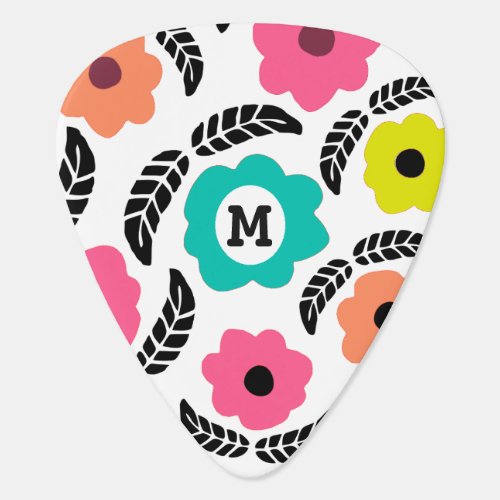 Modern Bright Flowers and Black Leaf Monogram Guitar Pick