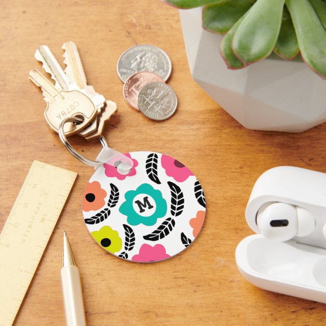 Modern Bright Flowers and Black Leaf Monogram Keychain (Desk)