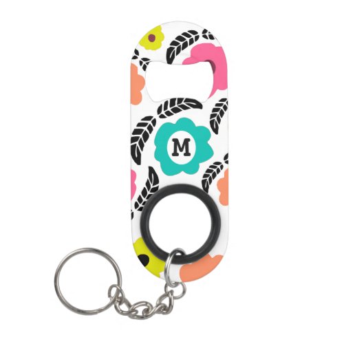 Modern Bright Flowers and Black Leaf Monogram Keychain Bottle Opener