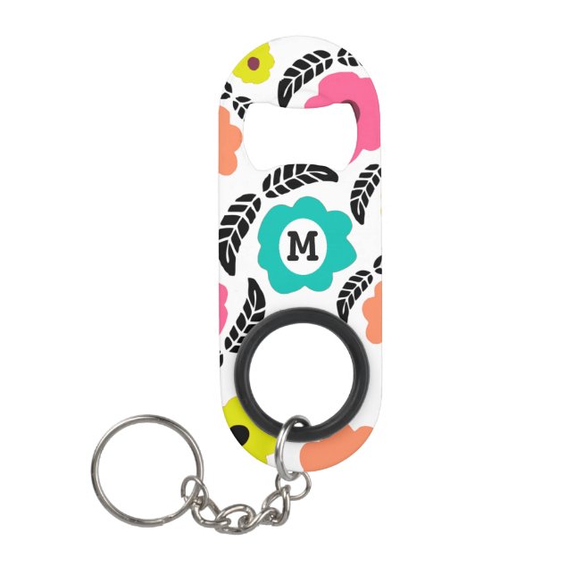 Modern Bright Flowers and Black Leaf Monogram Keychain Bottle Opener (Front)