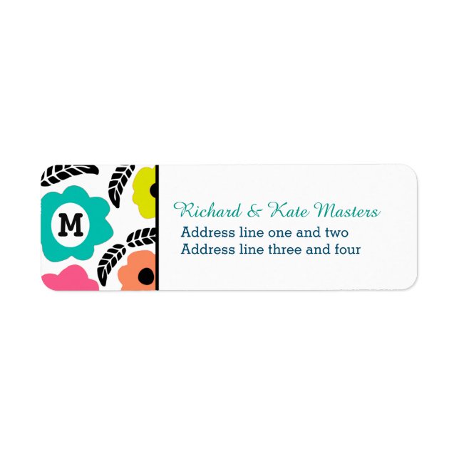 Modern Bright Flowers and Black Leaf Monogram Label (Front)