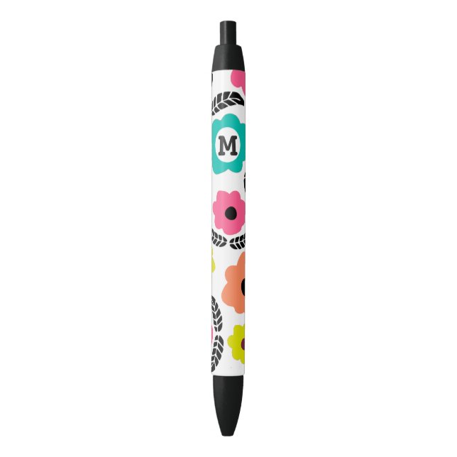 Modern Bright Flowers and Black Leaf Monogram Pen (Front Vertical)