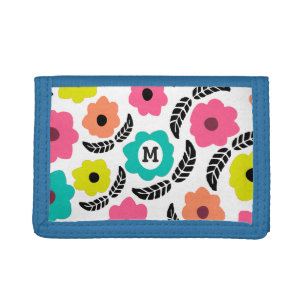 Modern Bright Flowers and Black Leaf Monogram Trifold Wallet