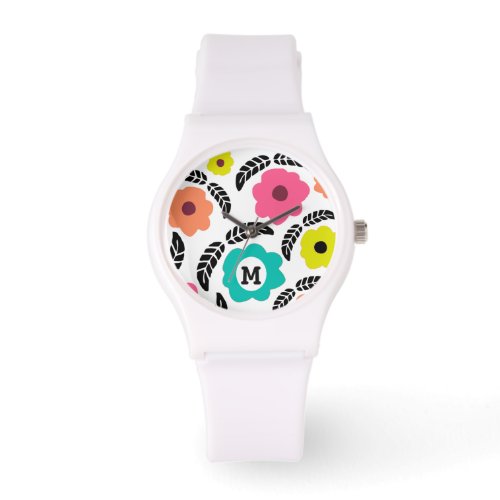 Modern Bright Flowers and Black Leaf Monogram Watch