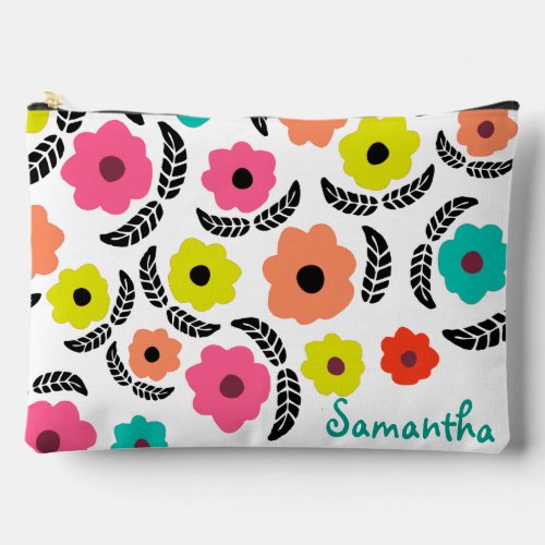 Modern Bright Flowers and Black Leaf Personalised Accessory Pouch