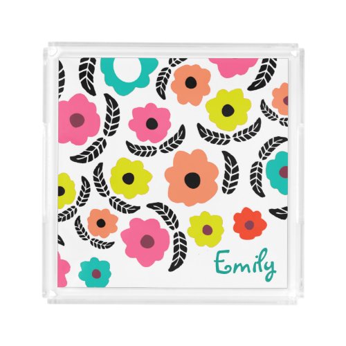 Modern Bright Flowers and Black Leaf Personalised Acrylic Tray