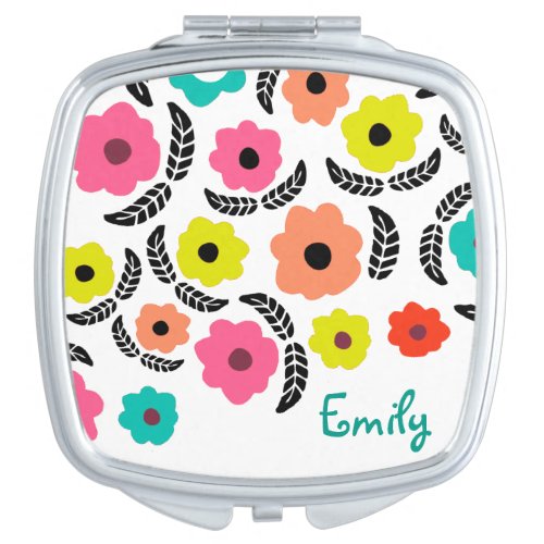 Modern Bright Flowers and Black Leaf Personalised Compact Mirror