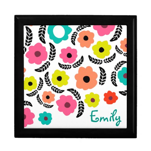 Modern Bright Flowers and Black Leaf Personalised Gift Box