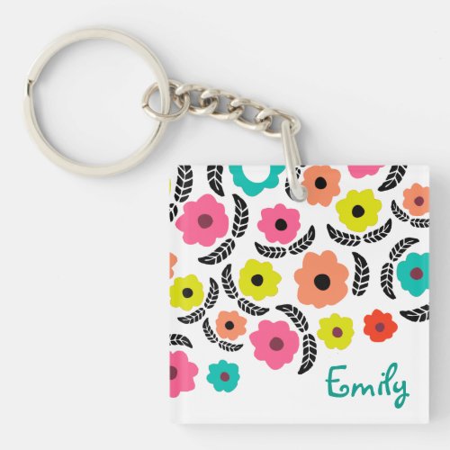 Modern Bright Flowers and Black Leaf Personalised Keychain