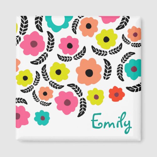 Modern Bright Flowers and Black Leaf Personalised Magnet