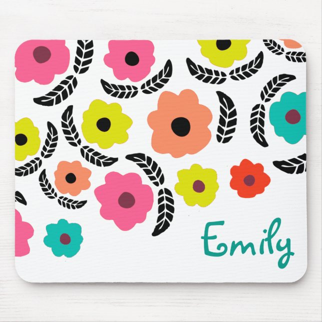 Modern Bright Flowers and Black Leaf Personalised Mouse Pad (Front)