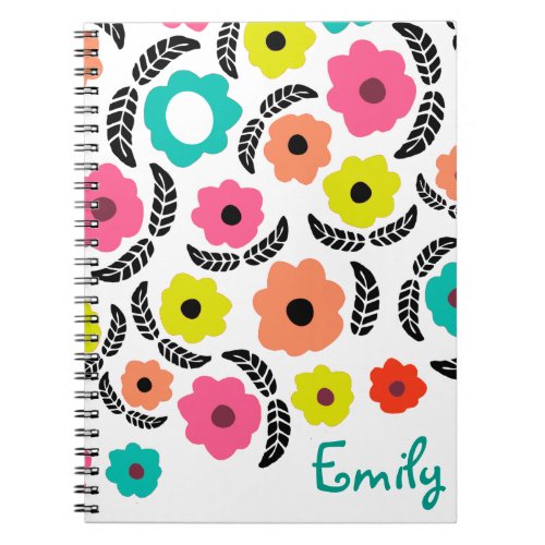 Modern Bright Flowers and Black Leaf Personalised Notebook