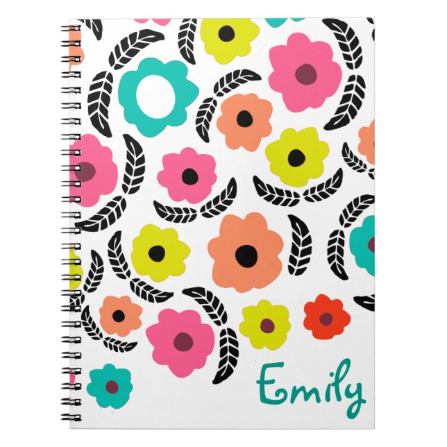 Modern Bright Flowers and Black Leaf Personalised Notebook (Front)