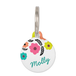 Modern Bright Flowers and Black Leaf Personalised Pet ID Tag