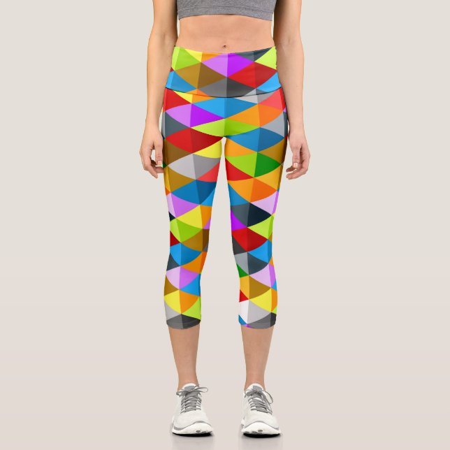 Modern bright funky colorful triangles pattern capri leggings (Front)