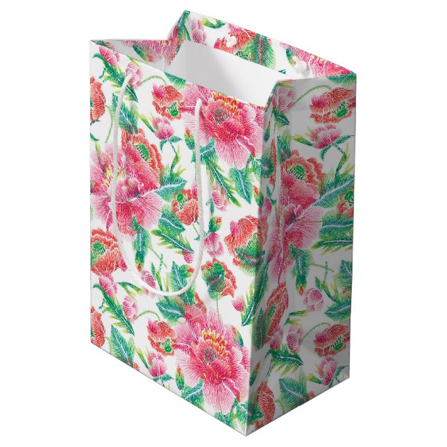 Modern Bright Girly Pink Flowers Pattern Medium Gift Bag (Back Angled)