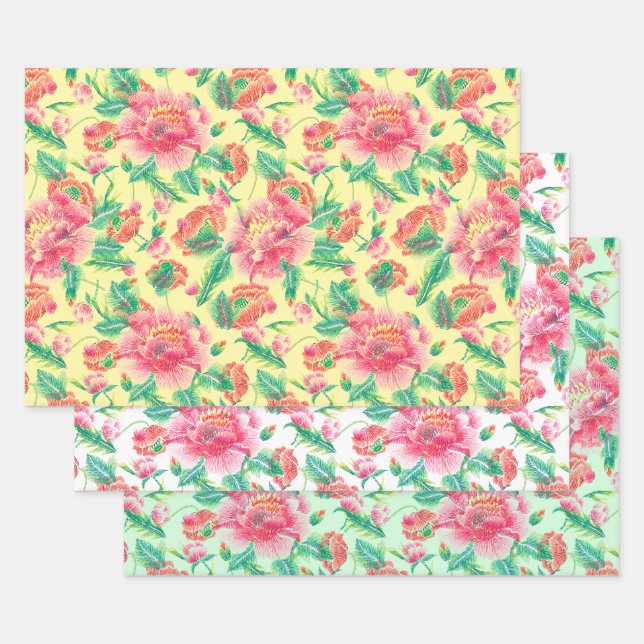 Modern Bright Girly Pink Flowers Pattern Wrapping Paper Sheets (Set)