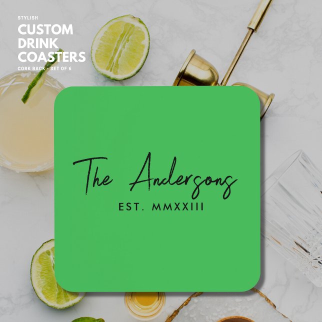 Modern Bright Green Handwritten Script Monogram Beverage Coaster (Creator Uploaded)