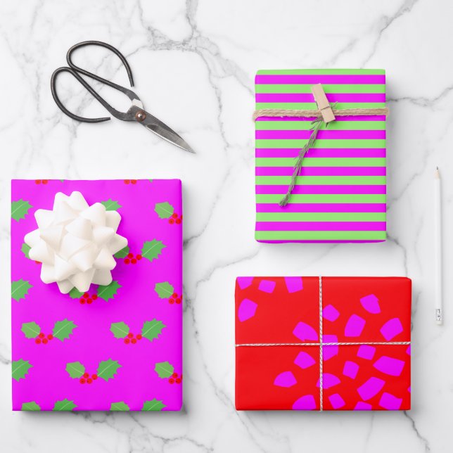 Modern Bright Green Red Hot Pink Christmas Wrapping Paper Sheets (Front)