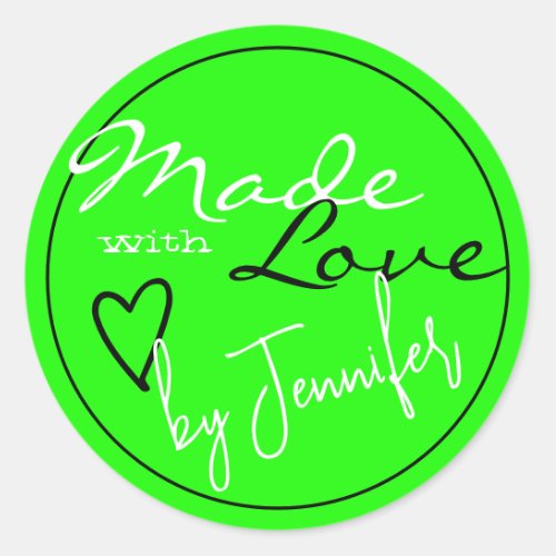 Modern Bright Green White Made with Love Heart Classic Round Sticker